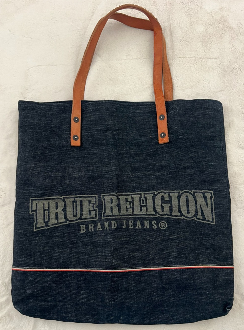 True Religion Denim Tote Bag Dark Blue Logo Leather Handles Red Lining
